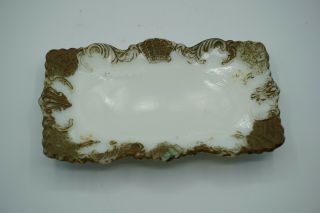 Antique Victorian Milk Glass Vanity Dish Embossed With Gold