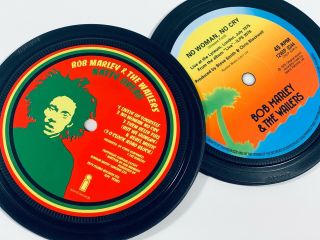 Bob Marley.  2 Vinyl Record Label Coasters.  Natty Dread.  No Woman No Cry.  Reggae