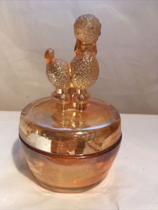 Vintage Jeannette Marigold Carnival Glass Poodle Dog Trinket Candy Powder Dish 3