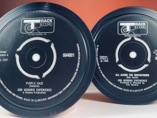 Jimi Hendrix - 2 Record Label Coasters.  Purple Haze.  All Along The Watchtower.