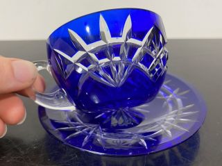 Fancy Cut To Clear Etched Cobalt Blue Art Glass Demitasse Espresso Cup