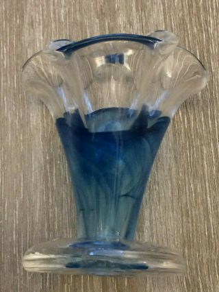 Vintage Hand Blown Murano Cobolt Blue Swirl Flower Top Art Glass Vase.