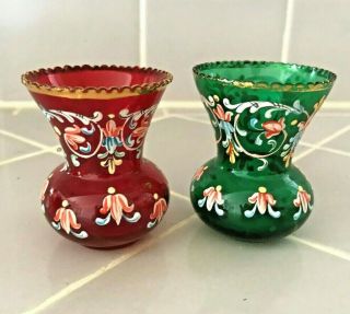 Vtg Pair Bohemia Vase / Toothpick Holders Red And Green Flowers And Gilt Trim