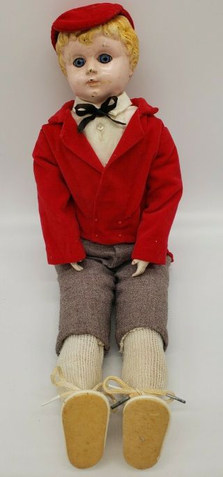 Antique Doll With Metal Head By German Minerva Bisque Limbs Boy In Red Jacket
