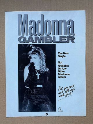 Madonna Gambler Memorabilia Music Press Advert From 1985 - (approx 21c