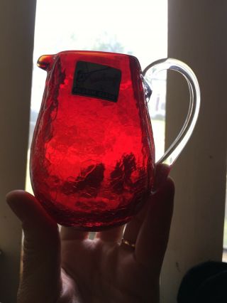 Vintage Miniature Pilgrim Crackle Glass Pitcher,  Cherry Red,  Clear Handle 3 1/2”