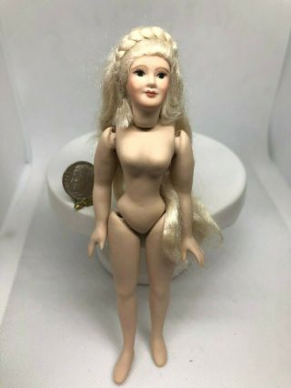 Dollhouse Miniature Artisan Porcelain Long Blonde Hair Lady Doll 1:12