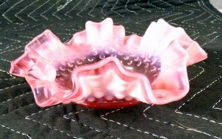 Fenton Glass Company Cranberry Pink Opalescent Hobnail Ruffled Bowl