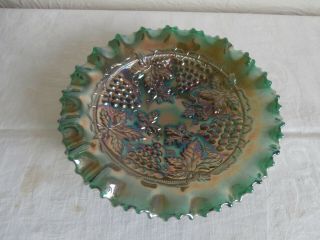 Carnival Glass Bowl: Grape And Cable Pattern Basketweave Back Green By Northwood