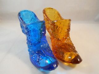2 Vintage Fenton Glass Slippers Shoes - Blue - Amber - Daisy Button Pattern - 6 " L