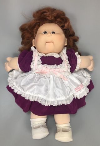 Vtg Cabbage Patch Kids Talking Girl Doll Red Head Purple Dress With Apron Aa