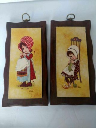 Vintage Holly Hobbie Girl Wall Plaques Pair Ward Usa 11 "