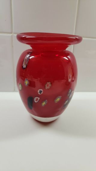 Vintage Murano Millefiori Hand Blown Glass Vase Cherry Red Heavy
