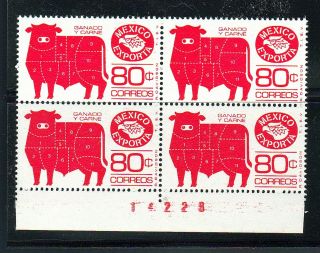 662 Mexico Exporta 1113 Block 4 Number Sheet Mnh 80c Meat Cattle 1st Issue 1976