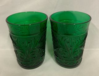 Anchor Hocking Sandwich Pattern Forest Green Juice Glasses / Tumblers Set Of 2