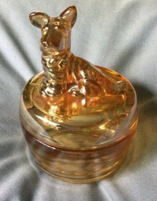 Vintage Marigold Carnival Glass Scottie Dog Covered Powder Jar Candy Dish