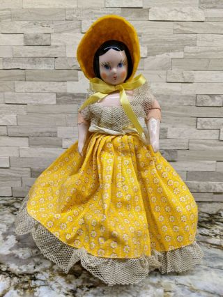 Ruth Gibbs 7 " China Doll With Stand Gold Shoes Yellow Dress And Bonnet
