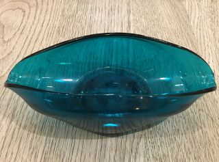 Collectable 1960s Sowerby Art Glass Boat Shape Glass Bowl - 7”long Petrol Blue - Vgc