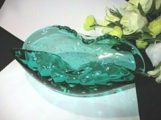 Stiegel Marine Green Murano Art Glass Bowl Controlled Bubble Palm Folded Sides