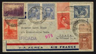 Argentina 1937 Reg.  Airmail Cover To Csr,  Via Air France