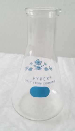 Vintage Pyrex By Corning Blue Floral 4 1/2 " Clear Glass Beaker