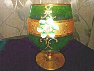 Vintage Czechoslovakia Bohemian Gilded Green Wine Glass Hand Painted Gold Leaf