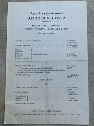 Andres Segovia Concert Programme 2nd February 1968 Massey Hall Toronto