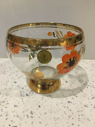 Vintage Glass Bowl With Hand Painted Poppy & Gilt Decoration