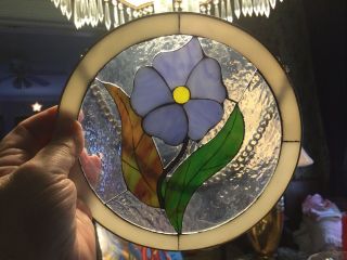 Vintage Inlay Stain Glass Sun Catcher,  Blue Flower 1980’s