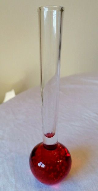 Vintage Controlled Bubble Art Glass Christmas Red Bud Vase