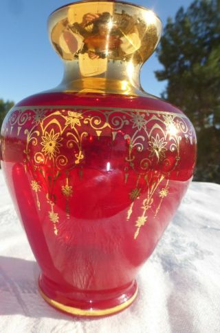 Murano Venetian Ruby Red Glass Vase 24k Gold Gilt Overlay Absolutely Gorgeous