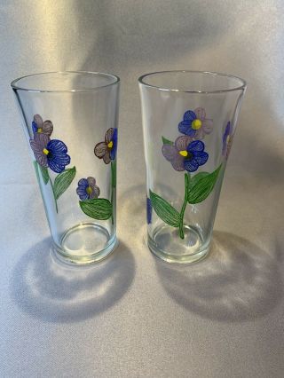 Mid Century Vintage Blue And Purple Flower Drinking Glass Set - Set Of 2 - Rare