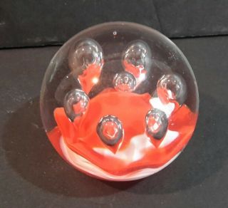 Vintage Glass Paperweight 2.  5 " Controlled Air Bubbles Red & White Coral Reef