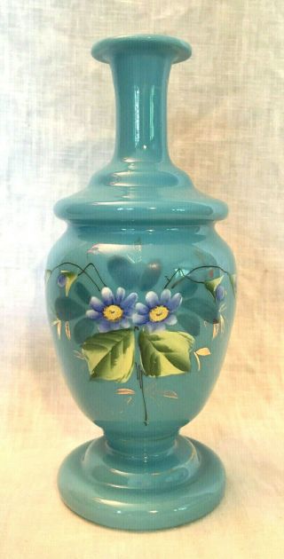 Antique Bohemian Opaline Blue Bristol Glass Vase Hand - Painted