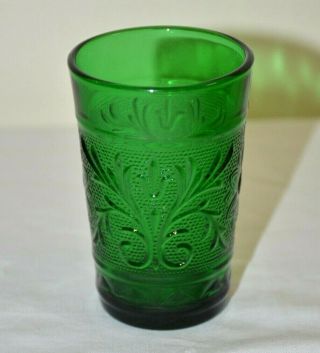 VINTAGE FOREST GREEN JUICE GLASS TUMBLER ANCHOR HOCKING SANDWICH GLASS 3.  5” 2