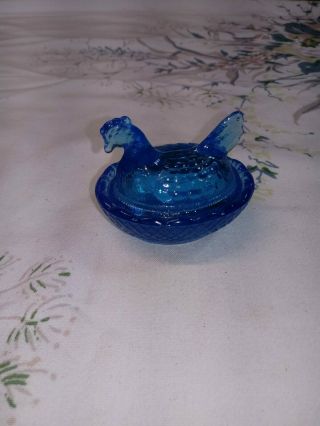Mini Cobalt Blue Glass Hen On A Nest Salt Cellar Trinket Covered Dish
