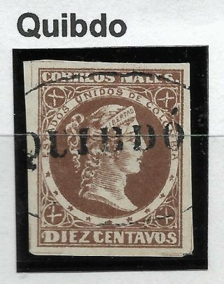 Stamps - Colombia.  1877.  10c Bistre Brown.  Sg: 85.  “quibdo” Oval Cancel.