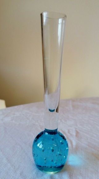 Vintage Controlled Bubble Art Glass Aqua Blue Bud Vase