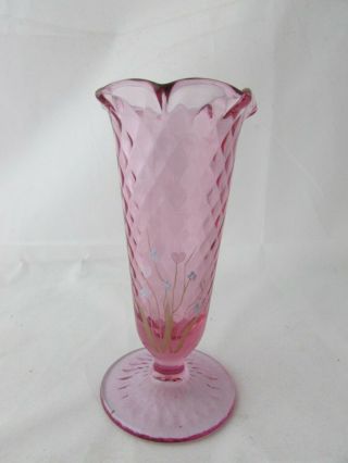 Vintage Fenton Small Pink Vase Hand Painted Flowers & Hearts 5 1/4 " Tall Signed