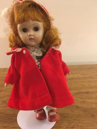 Vintage Vogue Ginny Doll In Her Tagged Grey Dress,  Red Coat And Hat With Feather