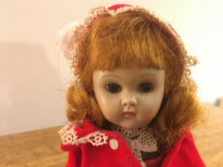 Vintage Vogue Ginny Doll in her Tagged Grey Dress,  Red Coat and hat with Feather 2