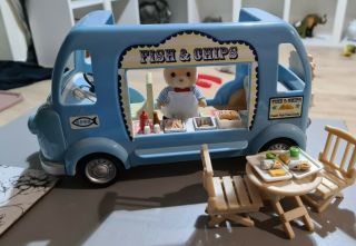 Sylvanian Families Fish And Chip Van With Finlay Osborne And Accessories