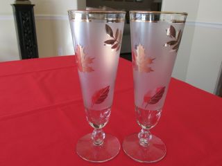 (2) Vintage 1950s Libbey Glass Golden Foliage Frosted Band Beer Pilsners