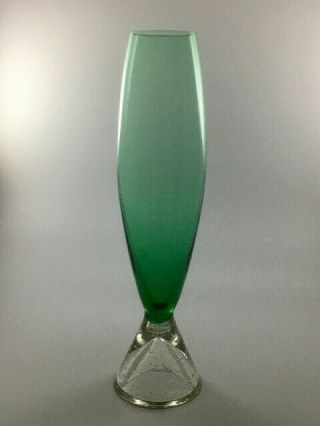 Mid Century,  Murano Type Green Controlled Bubble Vase With Inverted Cone Base
