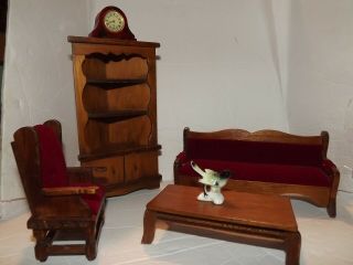 Doll House Red Velvet Sofa And Chair,  And Wooden Furniture