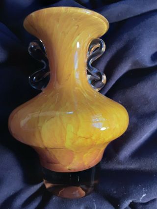 Vintage Hand Blown Burnt Orange And Yellow Art Glass Vase With Clear Handles