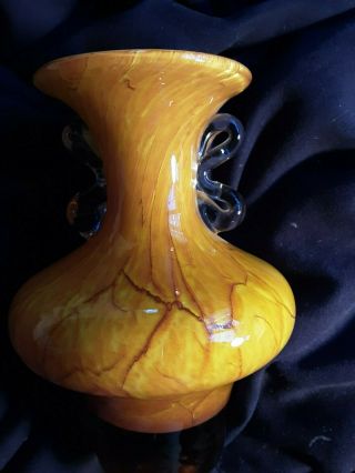 Vintage Hand blown Burnt Orange and Yellow Art Glass Vase with Clear Handles 2