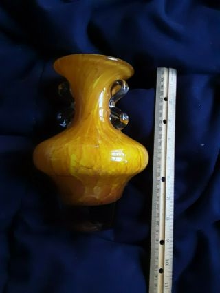 Vintage Hand blown Burnt Orange and Yellow Art Glass Vase with Clear Handles 3