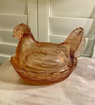 Vintage Glass Hen On Nest/basket Covered Dish Pink