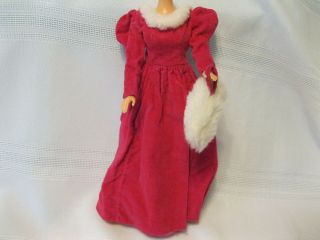 Vintage Barbie Clone Purplish Red Velvet Dress With White Faux Fur Collar & Muff